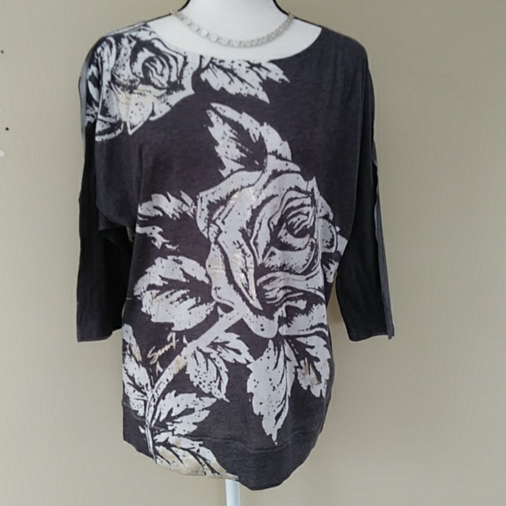 Seven 7 Heathered Glitter Open Sleeve Top S Gray